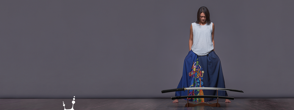 Long Dark Blue cotton skirt "Samurai Girl" with katana model: "Solar Dark Blue"  Collection header.  Squareroot5 wear 2017