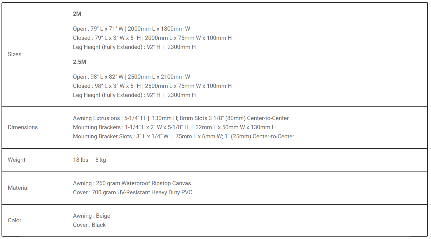 Eezi-Awn Lite Awning Specs