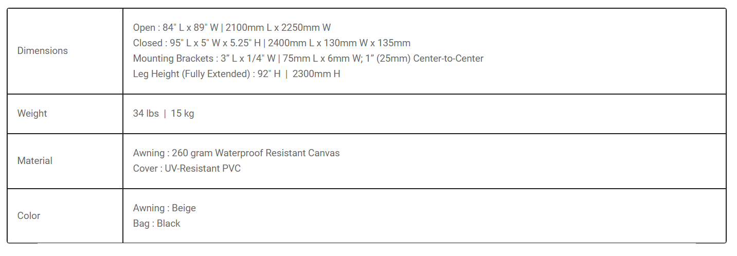 Eezi-Awn Swift Awning Specs