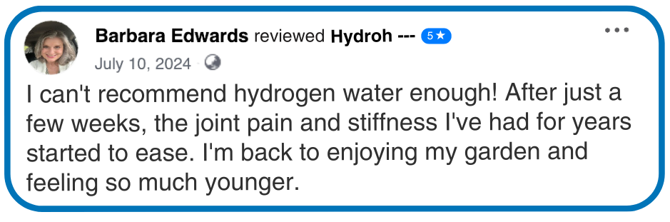 Review praising hydrogen water for alleviating joint pain and stiffness, featuring a profile picture and a 5-star rating.