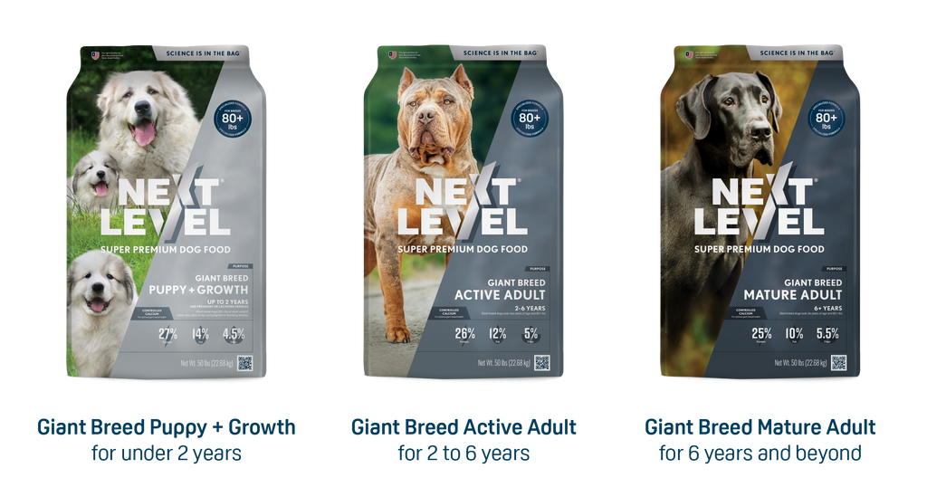 three giant breed formula bags: puppy + growth, active adult, and mature adult