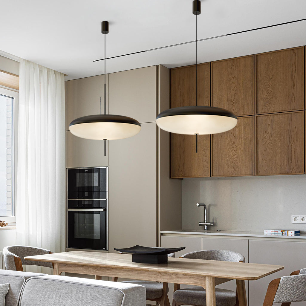 Claudio Saucer Pendant Light two black dinning room.jpg__PID:fae47a79-8b62-4716-96ee-a8c8ce8bd1fb