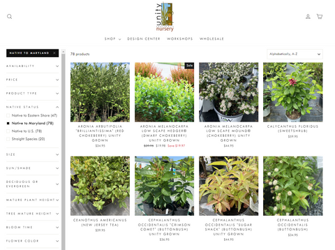 Screenshot of shopping shrubs on new website