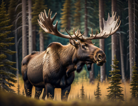 A large Bull Moose standing in front of a evergreen forest