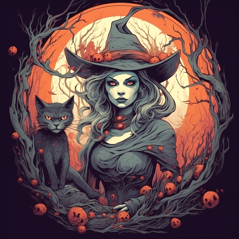 Sabrina is a confident, smart woman dressed in a witch's hat with her cat.