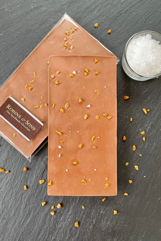 Milk Chocolate Bar with Salted Caramel pieces and sea salt.