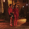 Emily in Paris wearing a red Kill Jumpsuits in stretch leather by Jitrois