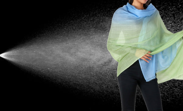 Misting fragrance on a cashmere shawl creates an even distribution of fragrance.