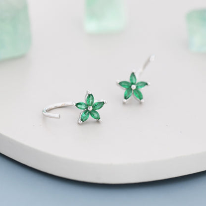 Emerald Green CZ Flower Huggie Hoop Earrings in Sterling Silver,  Gold or Silver, Marquise CZ Flower Threader Hoop Earrings, Pull Through