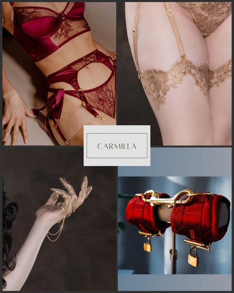 Styling post in deep crimson red and gold, featuring lace gloves, lingerie, stockings and handcuffs