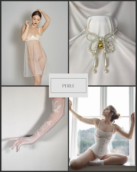 Styling post featuring white lace gloves, a sheer baby doll, pearl choker and white corset