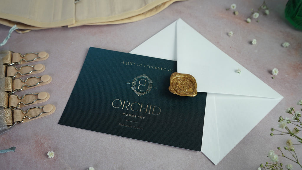 Orchid corsetry gift voucher with wax seal
