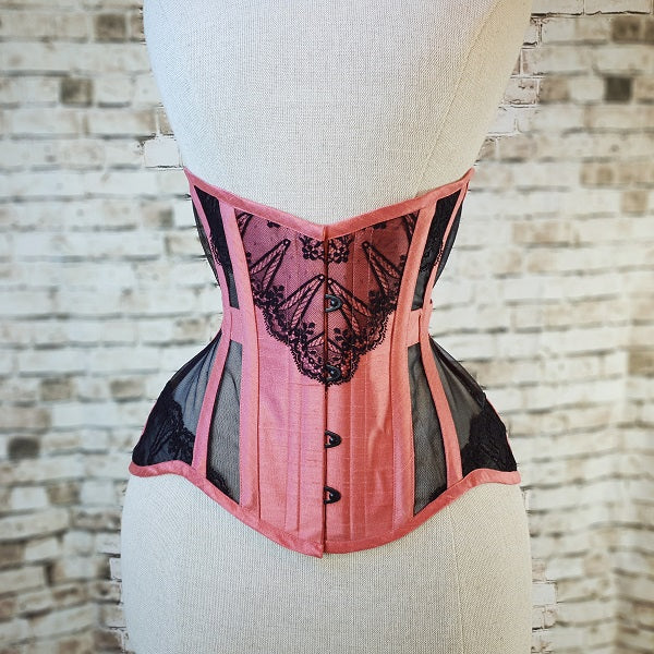 Hibiscus pink silk corset with mesh panels