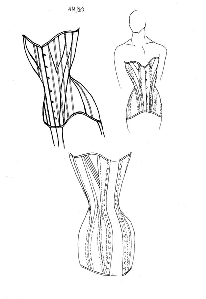 Sketches for an S bend corset dress