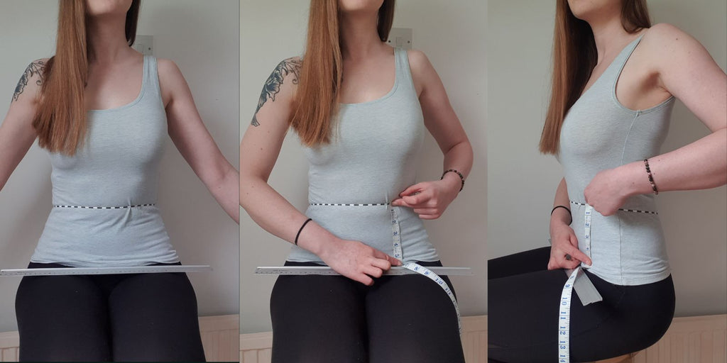 Images showing how to measure distance from waist to tops of thighs while seated