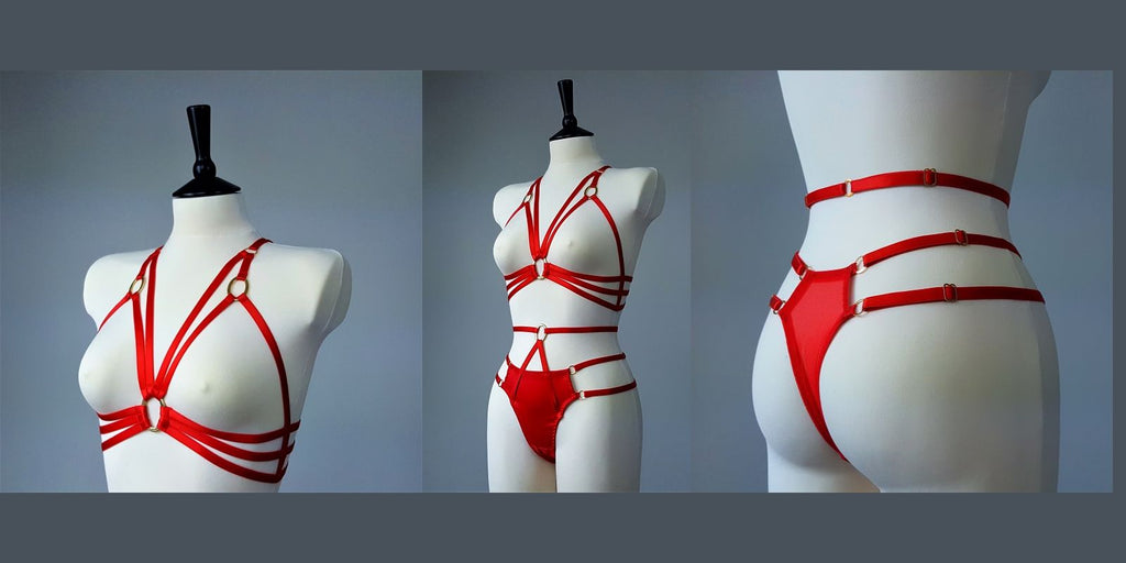 Inira lingerie set in red, featuring a cage bra and strappy thong