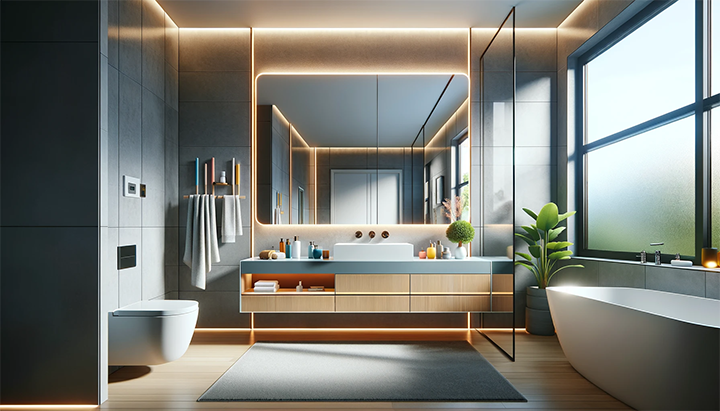 Image of a luxurious modern bathroom with mirror backlight