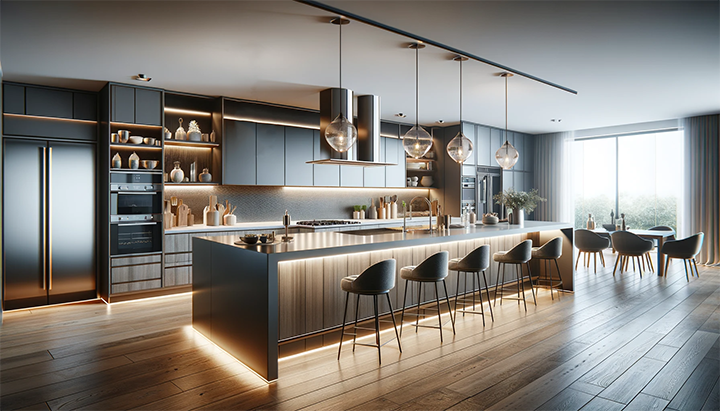 Image of a modern kitchen with a focus on pendant light and under cabinet lights