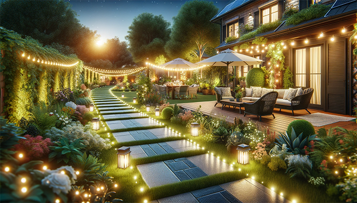 image of outdoor garden with lots of greenery focused on string lights, pathway lights and outdoor light fixtures