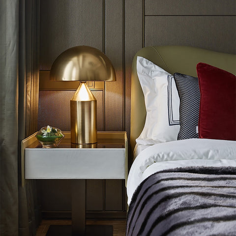 Modern Mushroom Touch Lamp on a bedside night stand in a modern bedroom