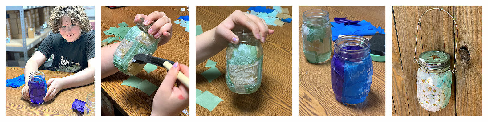 Mason Jar Lifestyle Make Your Own Easy & Adorable Tissue Paper Mason Jar Lanterns Summer Crafts For Kids 2022 sealing in tissue paper on Ball regular mouth pint jar to create stained glass candle holder