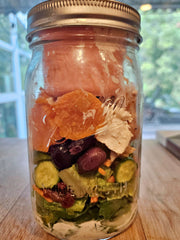 Mason Jar Lifestyle fresh and healthy mediterranean inspired mason jar bowl recipe mexican asian easy lunches for the week save money blog post Sept  2023 in Mason jar with coral divider cup