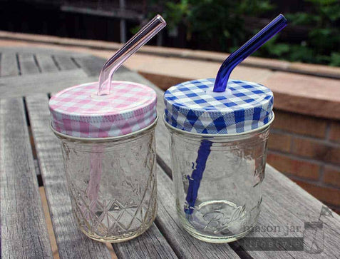 Short Bent Glass Straws for Half Pint Mason Jars Blue