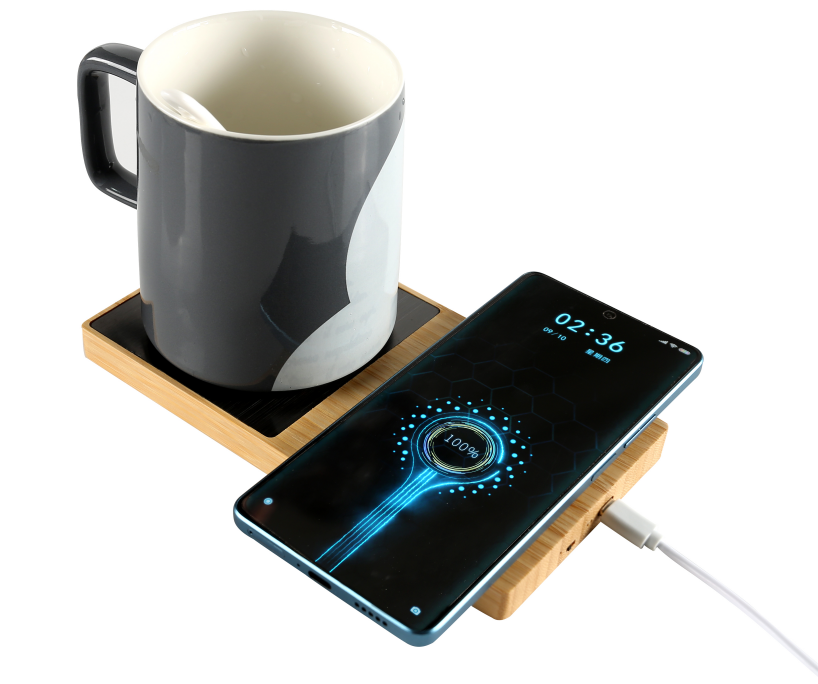 Edsonsoon MT516 Bamboo Wireless Phone Charger with Cup Heating Function – 10W/15W Charging Pad & Coffee Mug Warmer
