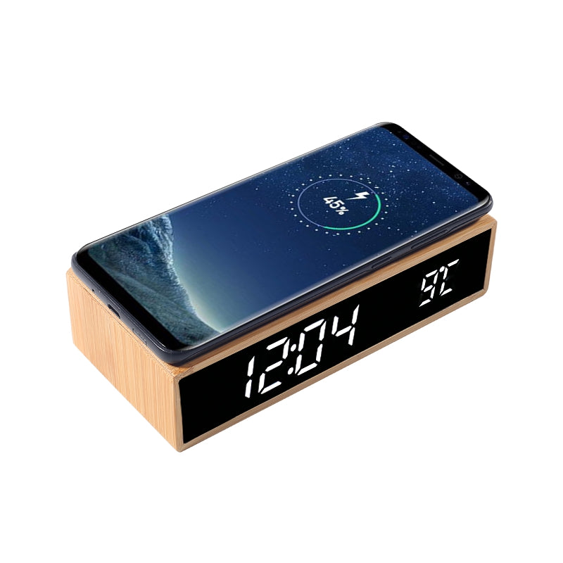 Edsonsoon MT526 Bamboo Wireless Charger with Alarm Clock – 5W/10W Fast Charging Pad & Time, Date, Temperature Display