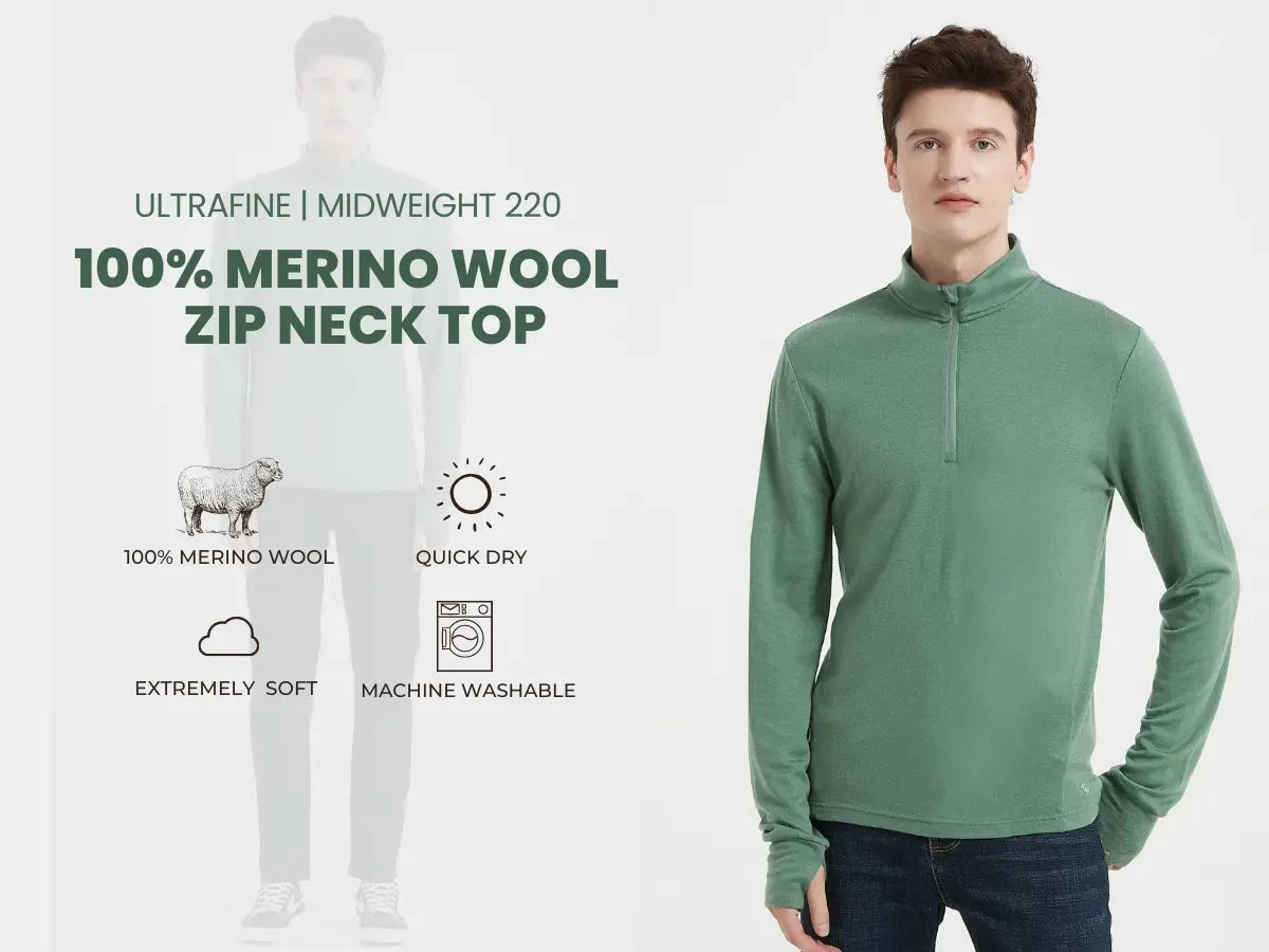 Men's 100% Merino Wool 220G Zip Neck Top