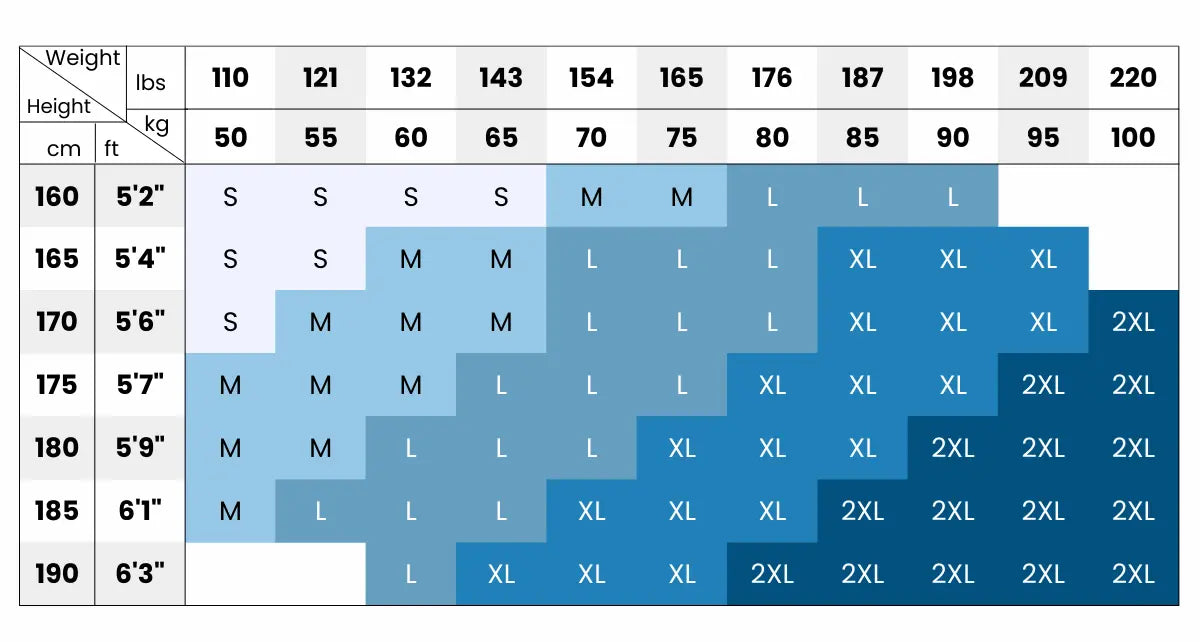 Men's and Women's 100% Merino Wool 220G Zip Neck Top Size Chart