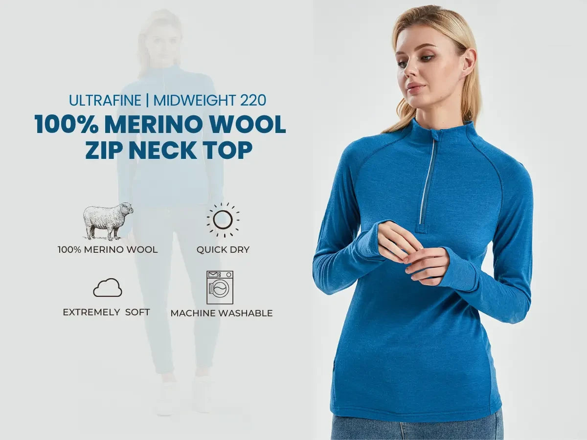 Women's 100% Merino Wool 220G Zip Neck Top