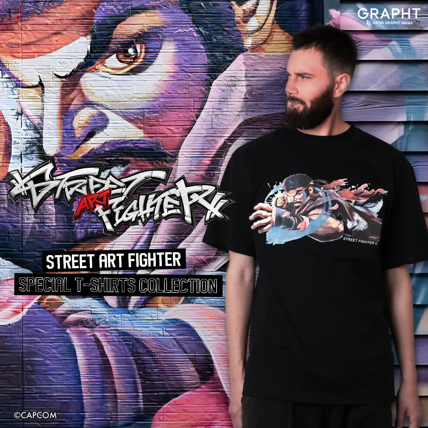 「ストリートファイター6」 ミューラルアートプリント クラックTシャツ リュウ F
