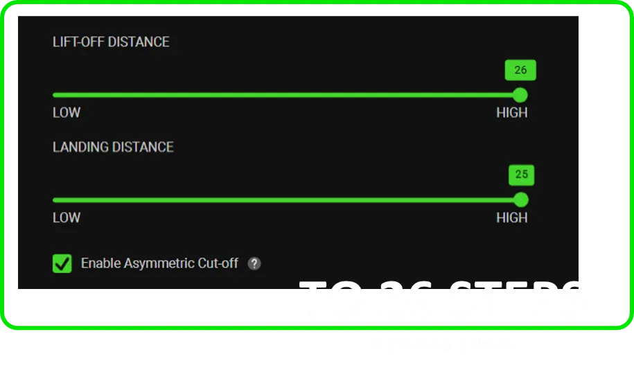 Razer Synapseのリフトオフディスタンスとランディングディスタンスの設定画面のスクリーンショット。