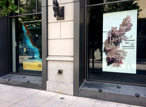 photo, Rittenhouse building, Santa Cruz, with UCSC Undercurrents MFA Exhibition poster hanging alongside Banks' Suspended Motion Series I poster, May 2014