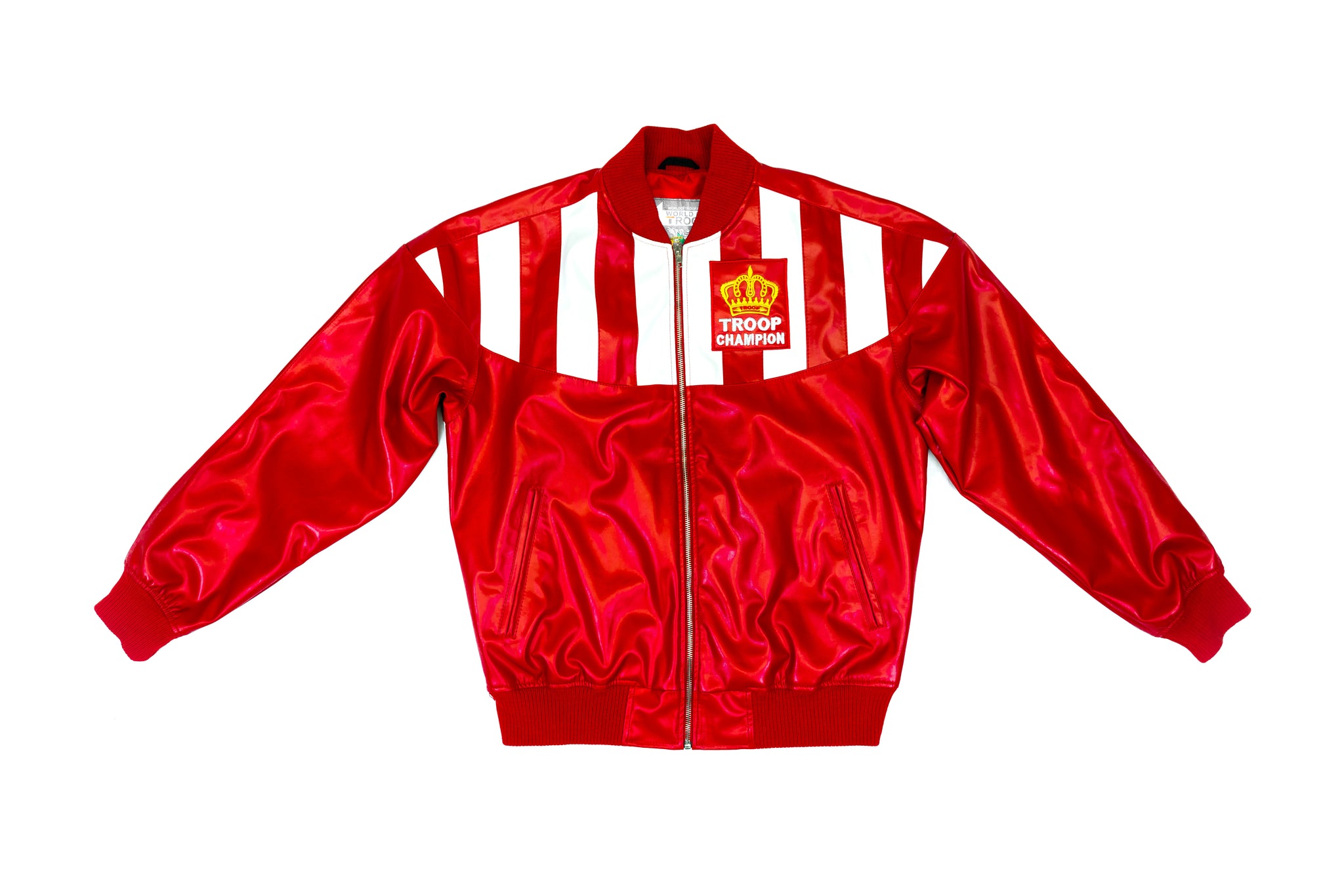 red and white champion jacket