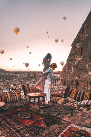cappadocia, turkey rooftop with hot air balloons