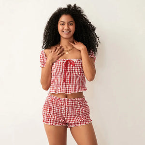 2 Piece Clothes Sets Plaid Square Neck Short Sleeve Tops and Shorts - Look Love Lust