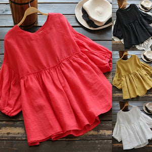 Vintage Casual Ruffled Linen 3/4 Lantern Pleated Sleeve Blouse - Look Love Lust