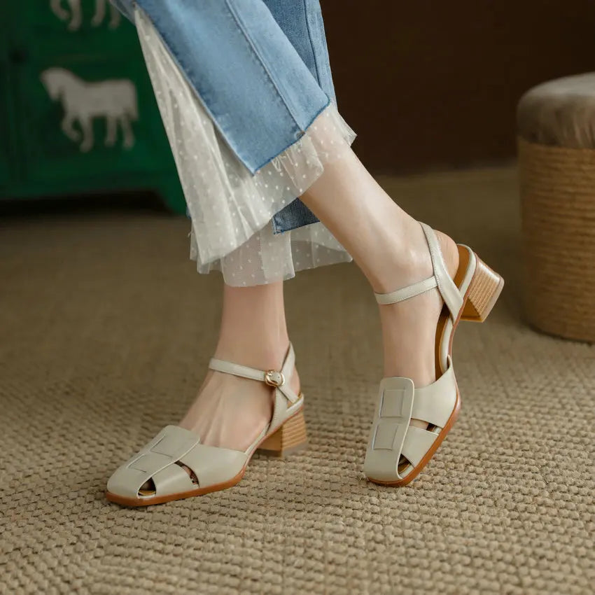 Genuine Leather Med Heel Platform Ankle Strap Buckle Sandals