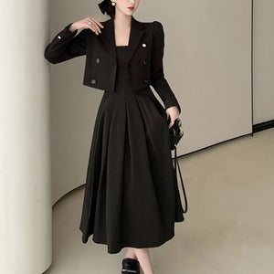 Black Suit Casual Blazer Coat & Classic High Waist Pleated Dress Autumn Wear - Look Love Lust