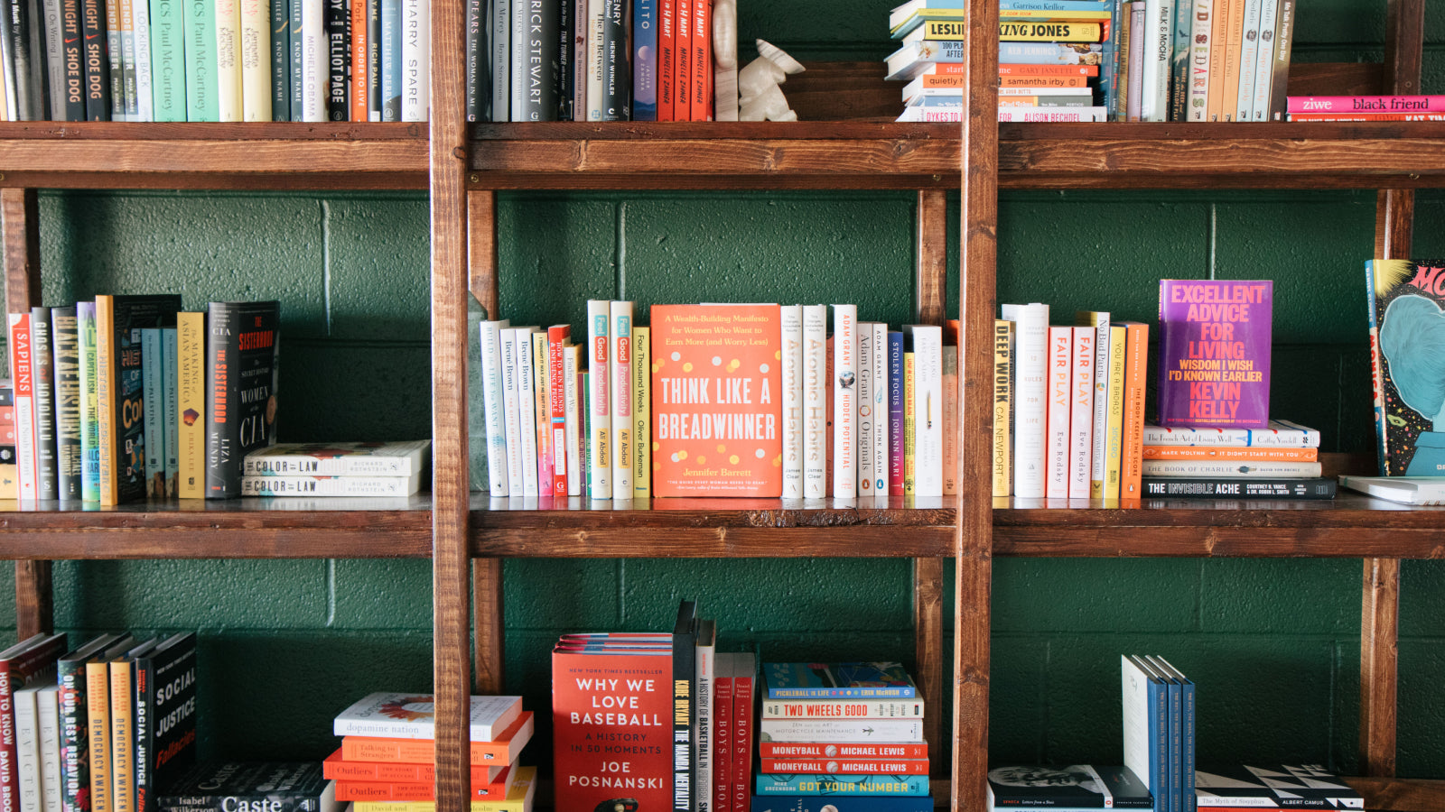 Images of books on a shelf at monsteras books in overland park kansas