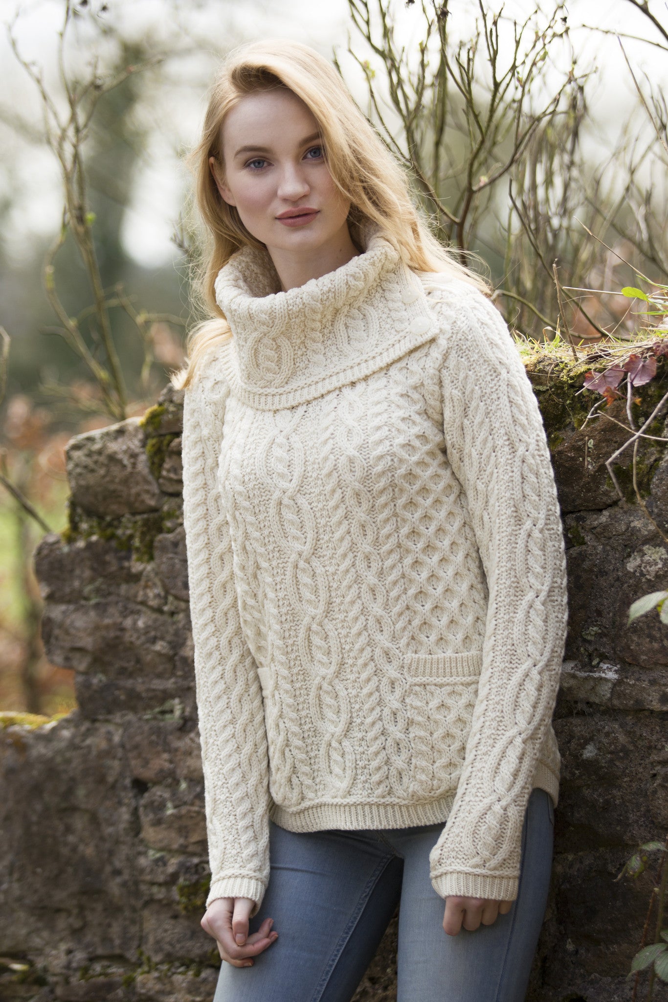 Women's Shirt Tail Cowl Neck Sweater - Natural – Aran Sweaters Direct