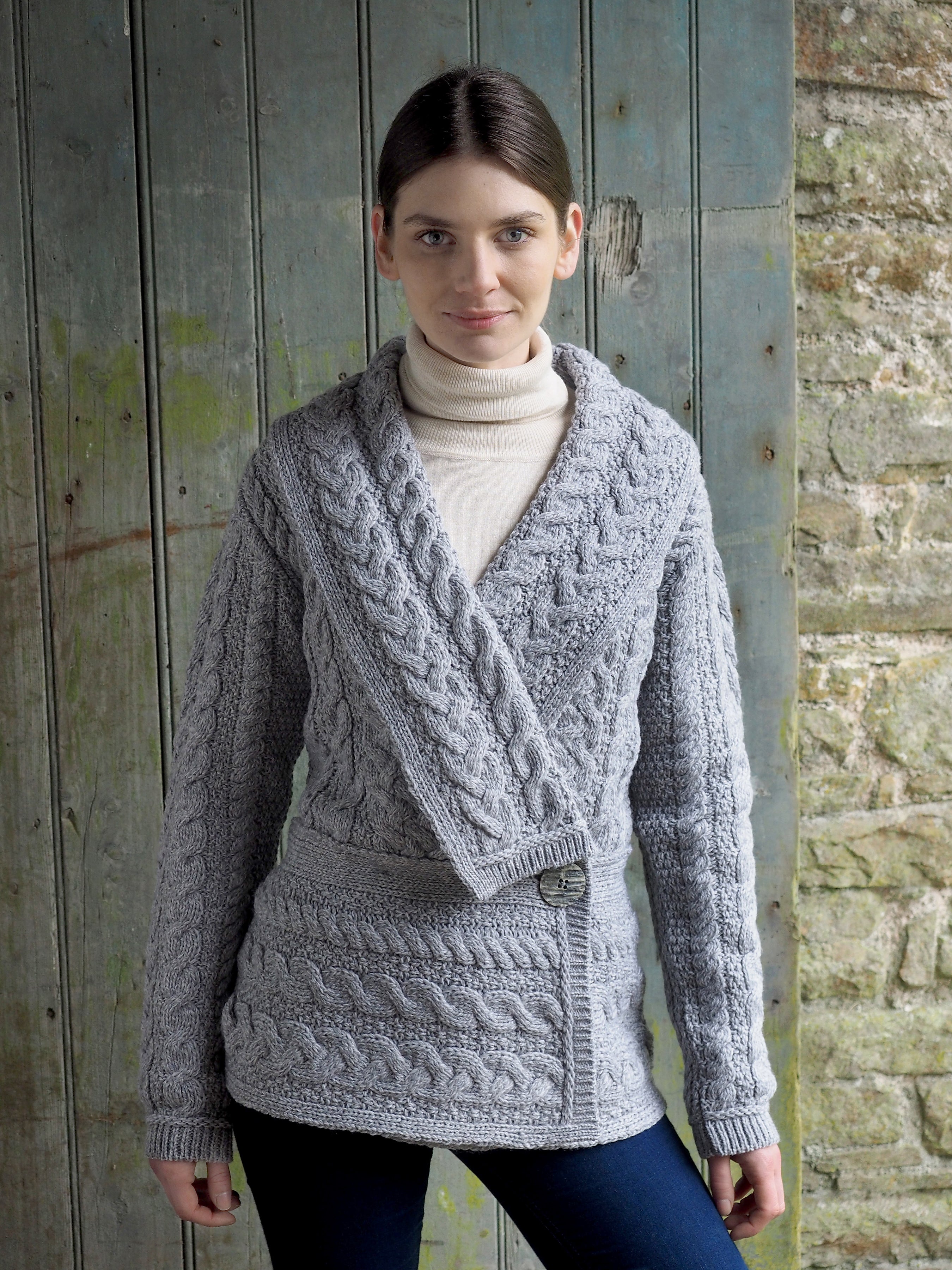 Women's Deep Shawl Collar - Soft Grey – Aran Sweaters Direct