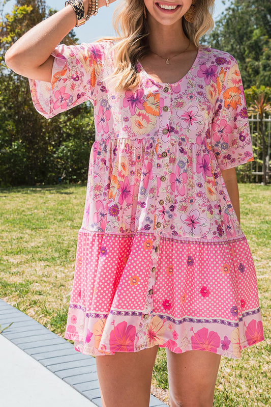 Floral Polka Dot Buttoned Mini Dress - Floral / S - All Dresses - Dresses - 1 - 2024