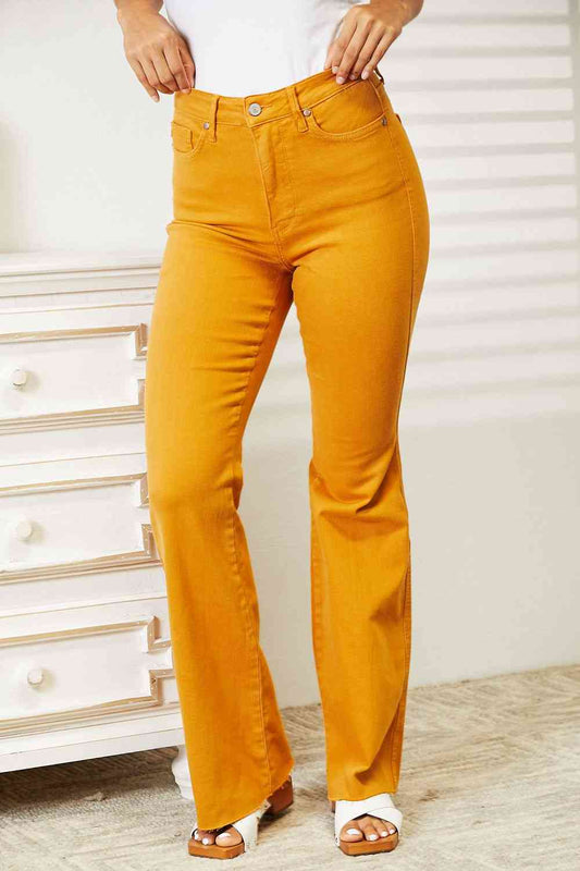 Full Size High Waist Tummy Control Garment Dyed Flare Jeans - Mustard / 0(24) - Bottoms - Pants - 1 - 2024