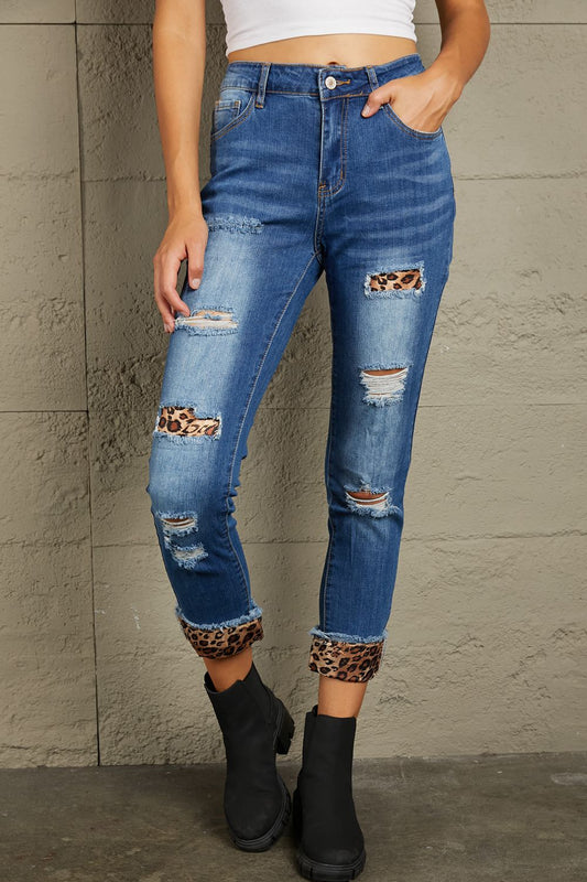 Leopard Patch Distressed Cropped Jeans - Blue / S - Bottoms - Pants - 1 - 2024