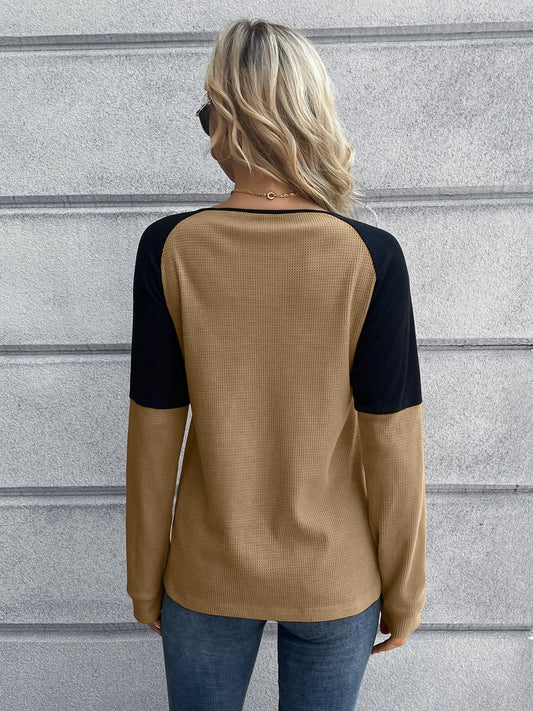 Contrast Buttoned Round Neck Raglan Sleeve Top - T-Shirts - Shirts & Tops - 2 - 2024