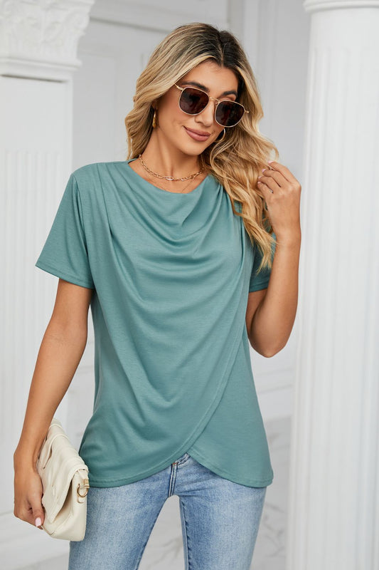 Cowl Neck Tulip Hem T-Shirt - Green / S - T-Shirts - Shirts & Tops - 1 - 2024