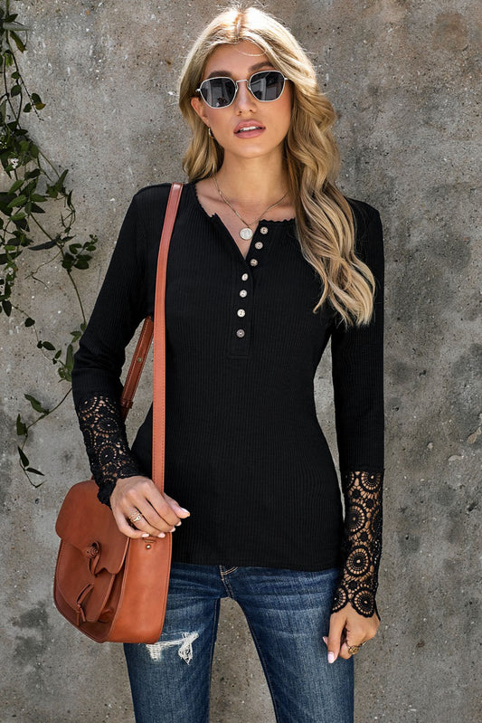 Crochet Lace Hem Sleeve Button Top - Black / S - T-Shirts - Shirts & Tops - 3 - 2024